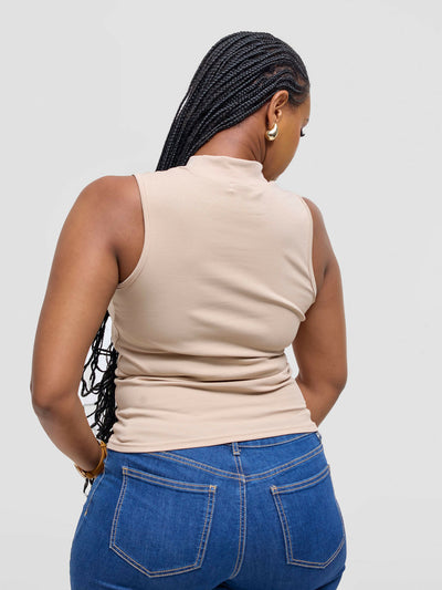 Anel's Knitwear Sleeveless Turtle Neck Top - Beige - Shopzetu