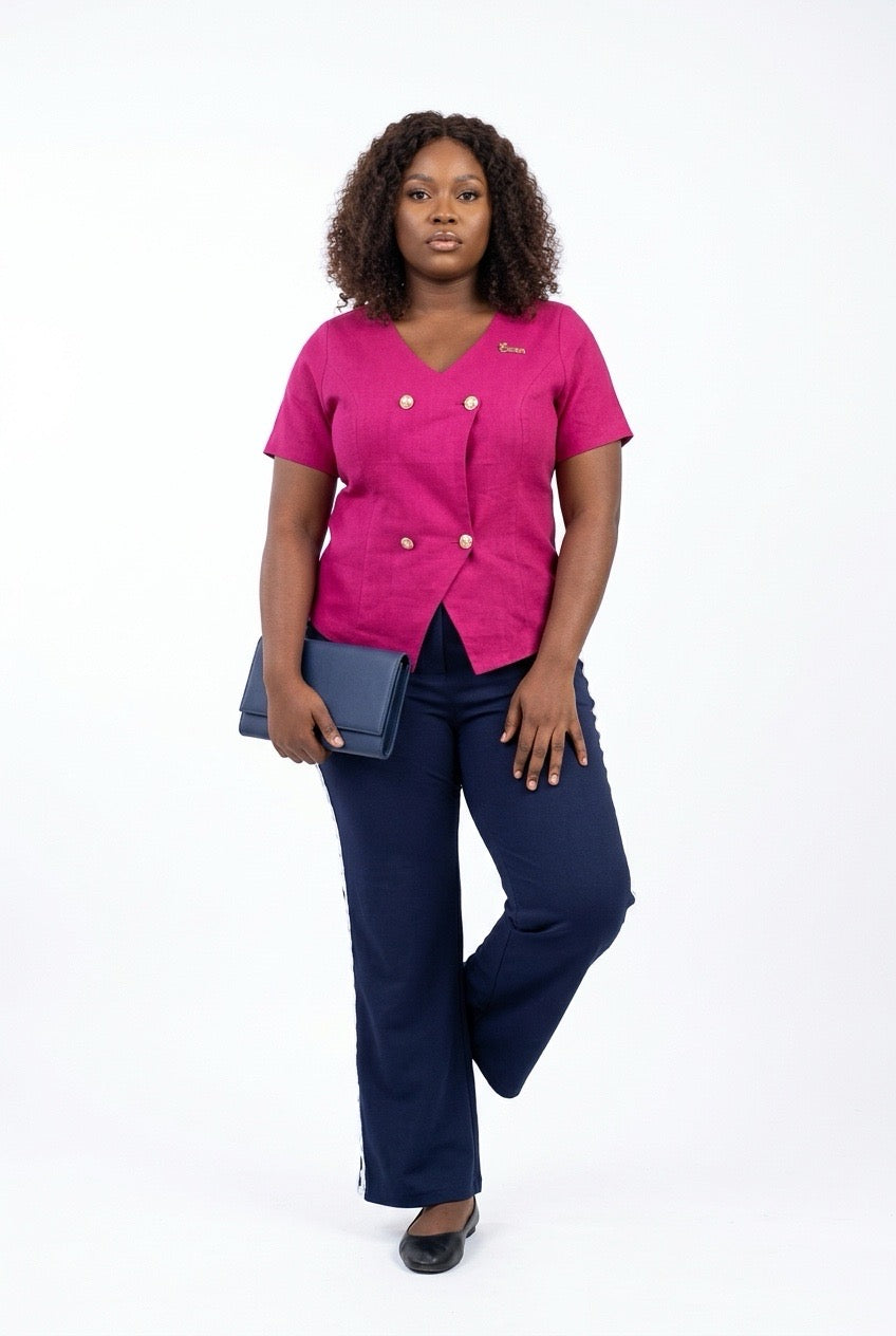 Stylish Sisters Scalloped Hem Double - Breasted Short Sleeve Blazer Top - Hot Pink