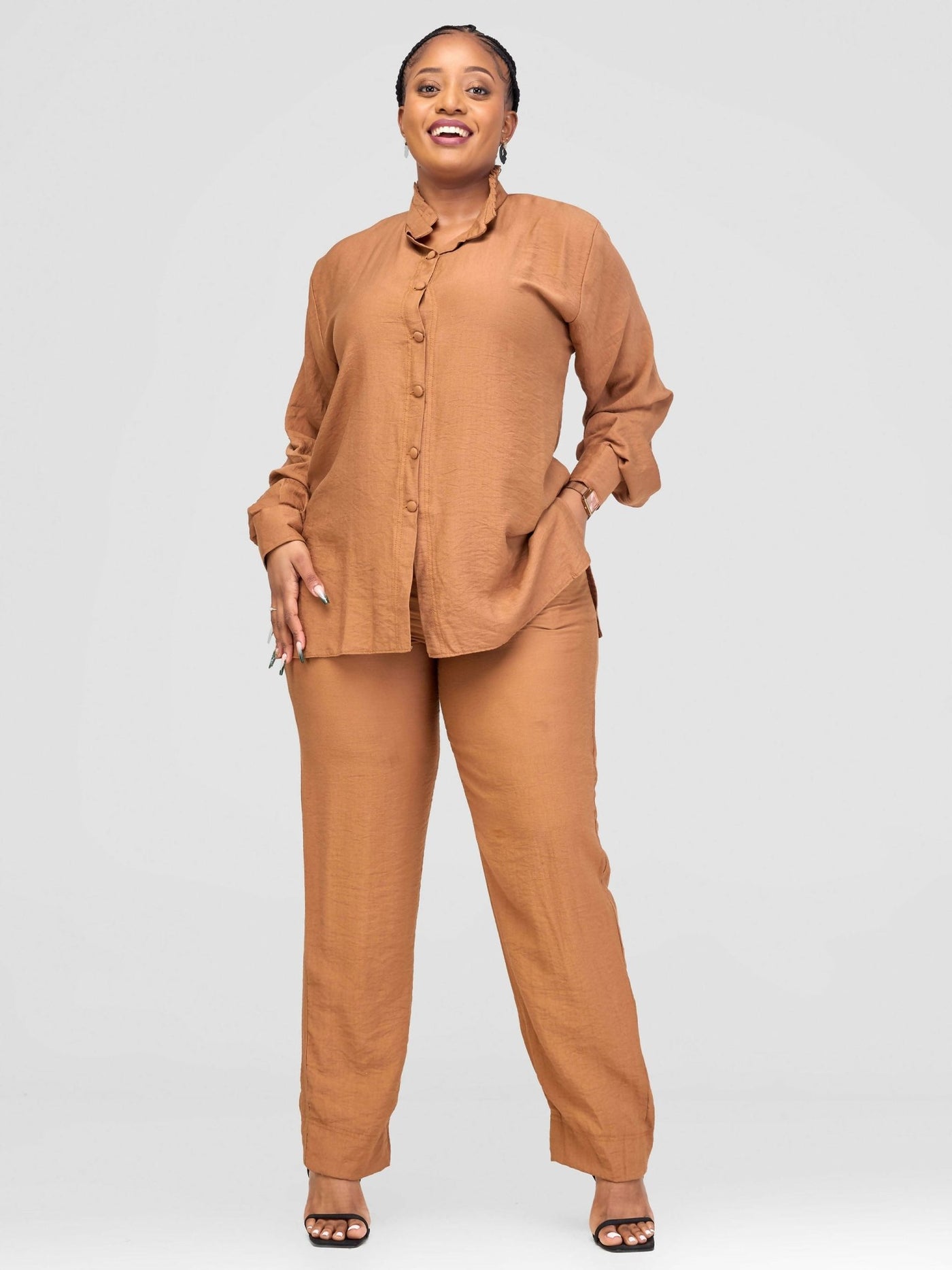 Inroses Linen Pant Set - Nude / Brown - Shopzetu
