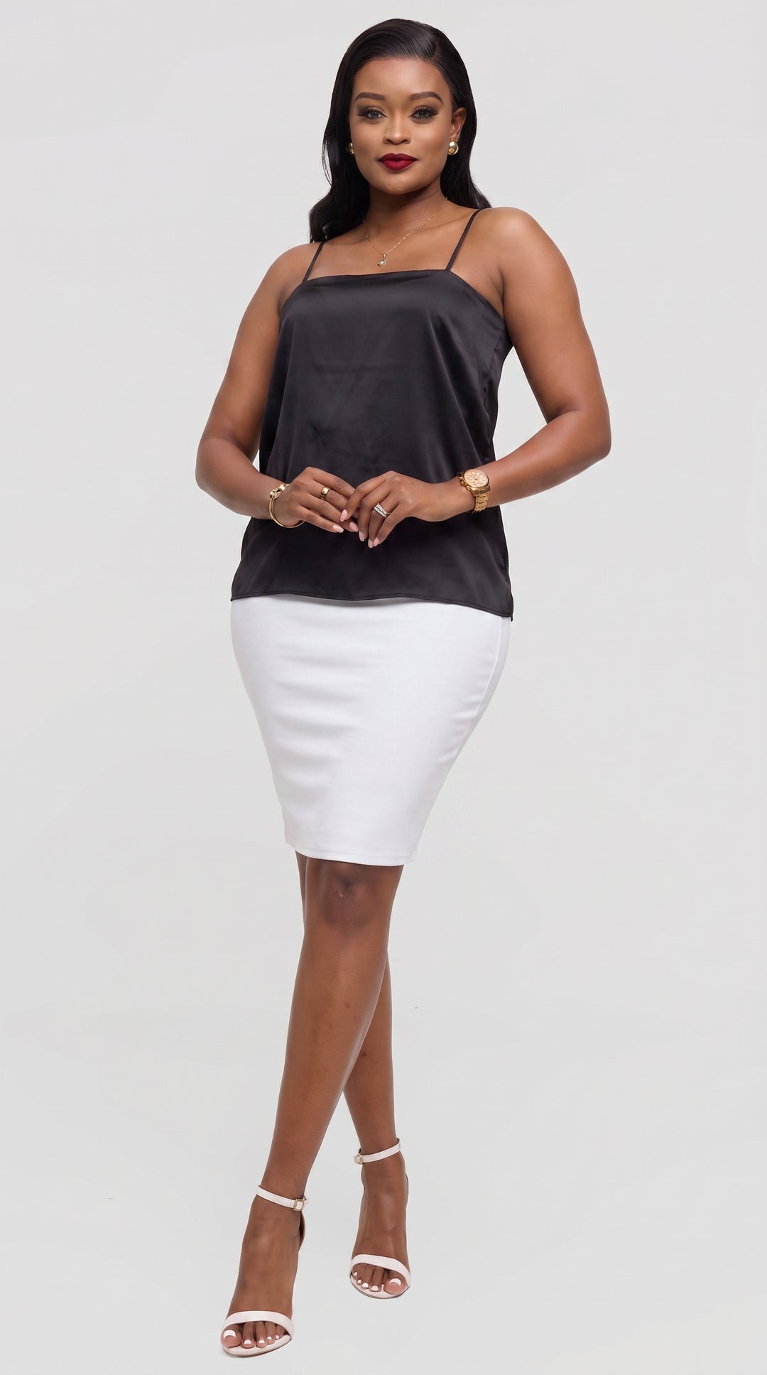 Vivo Square Neck Camisole in Satin - Black