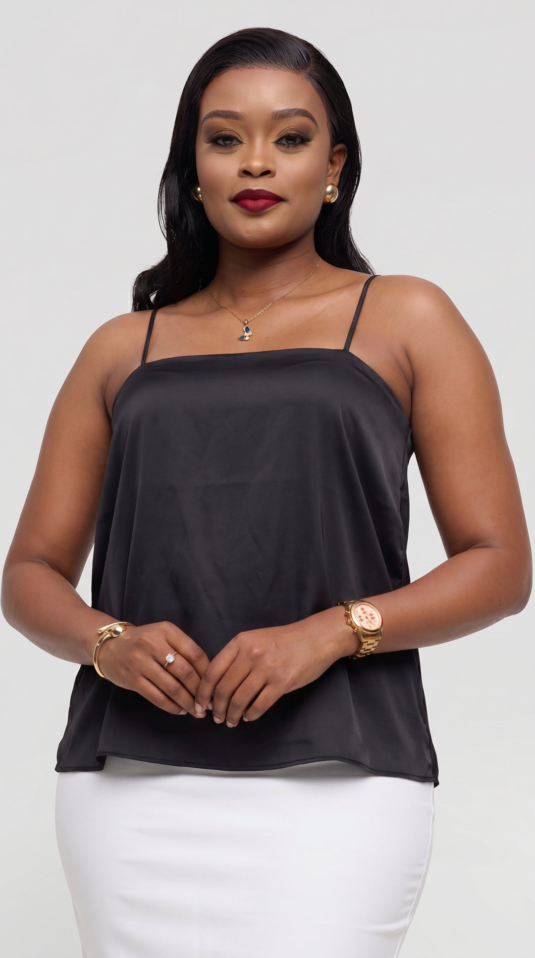 Vivo Square Neck Camisole in Satin - Black