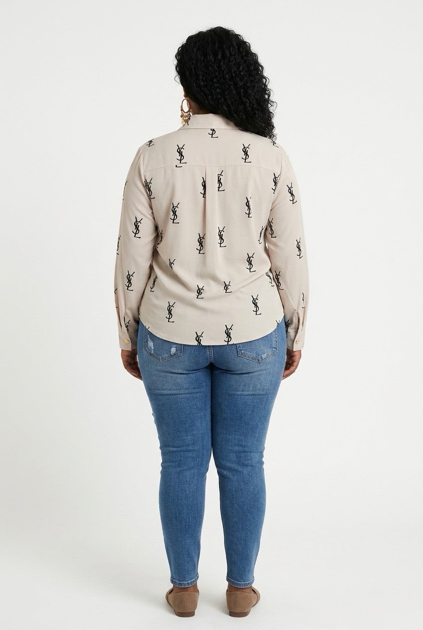 Stylish Sisters Printed Long-Sleeve Button-Down Shirt - Beige