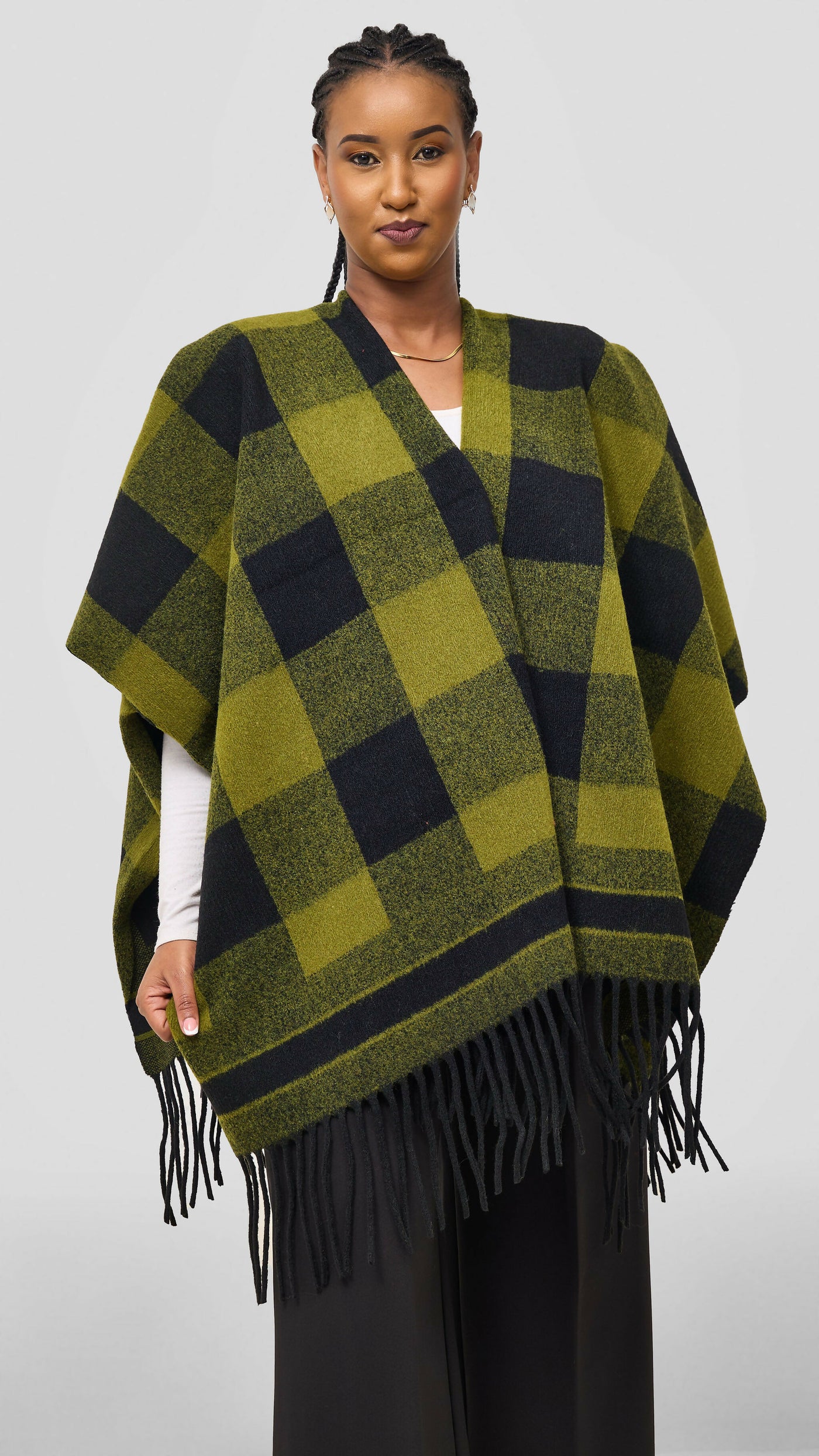 Afrodame Heavy Checked Poncho - Green