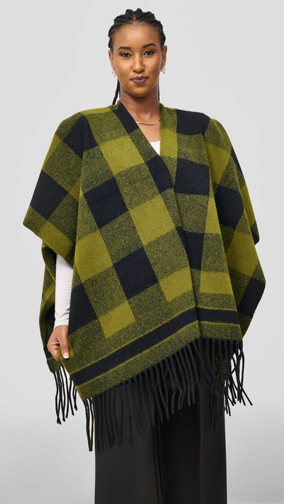 Afrodame Heavy Checked Poncho - Green