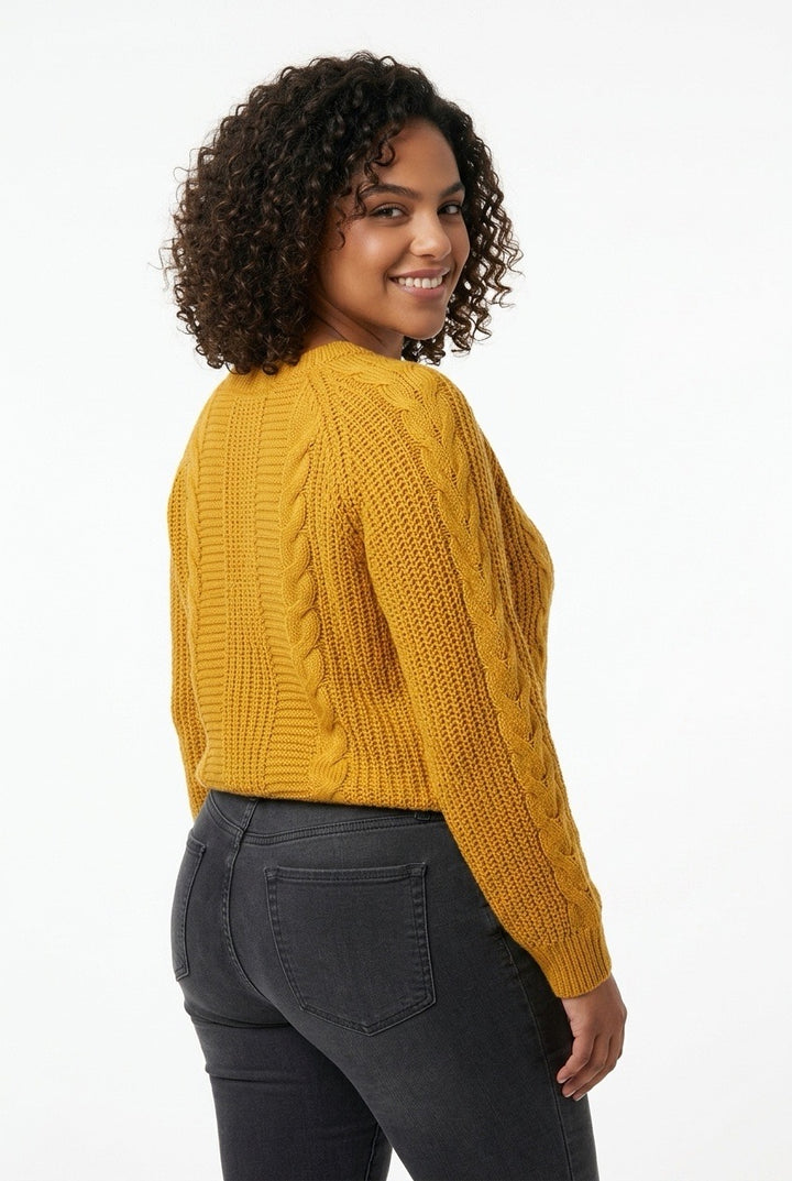 Stylish Sisters Cable Knit Crewneck Sweater - Mustard Yellow