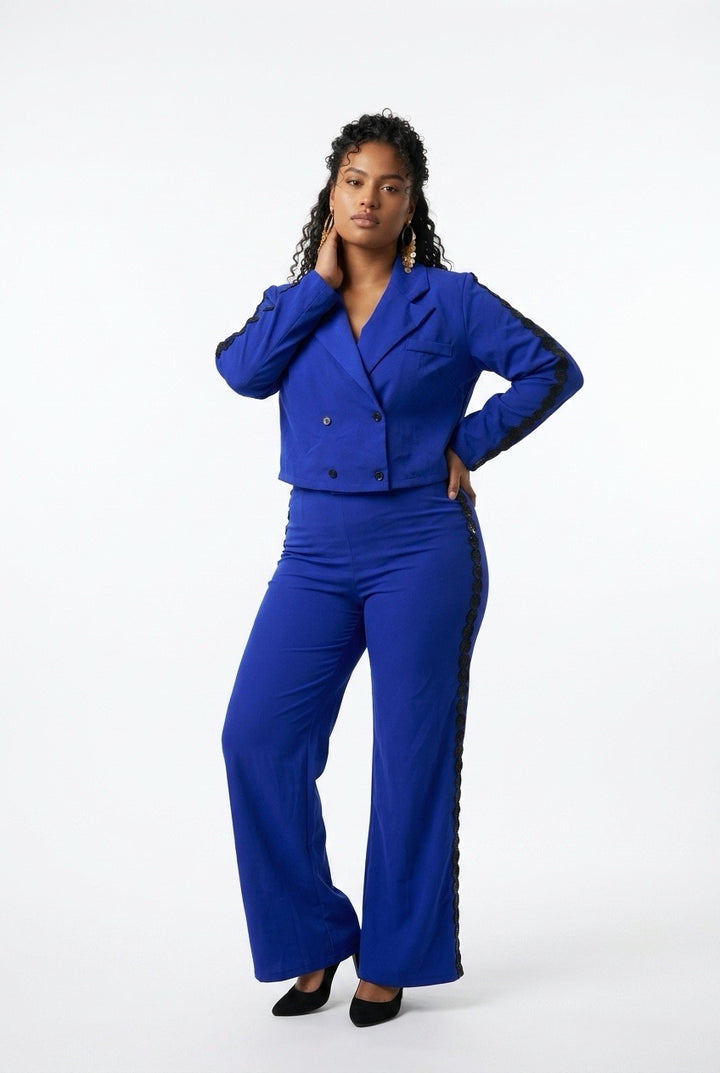 Stylish Sisters Double-Breasted Cropped Blazer and Trouser Set - Blue