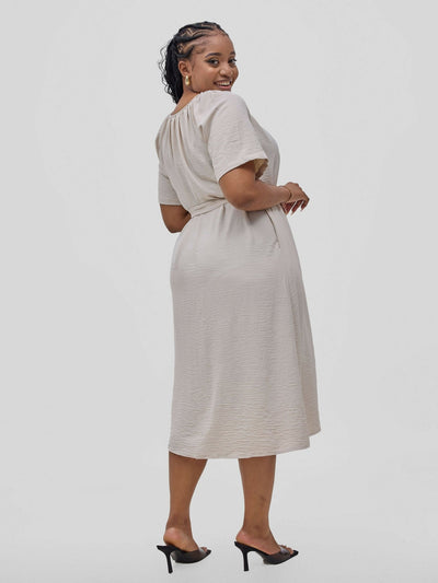 Hessed Long Buttoned Short Sleeve Dress - Cream / White - Shopzetu