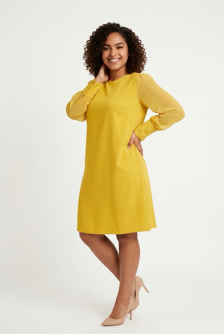Stylish Sisters Long Sleeve Shift Dress - Mustard Yellow