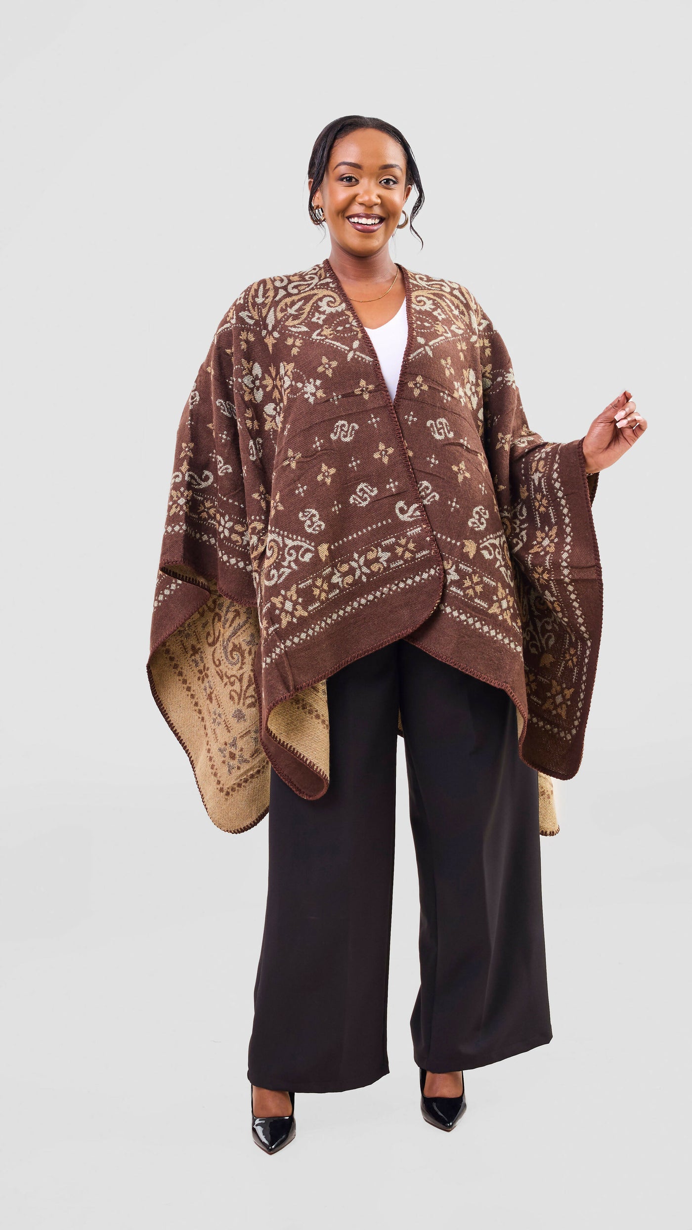 Afrodame Light Floral Poncho - Brown