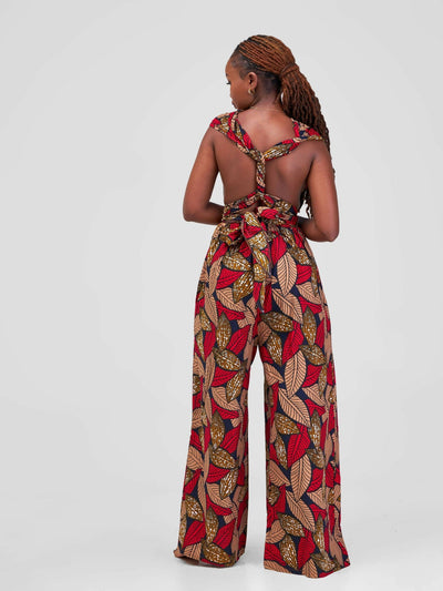 African Yuva Lusaka Infinity Jumpsuit - Red / Brown Leaf Print - Shopzetu