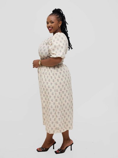 Hessed Floral Puff Short Sleeve A Line Round Neck Dress - Cream - Shopzetu