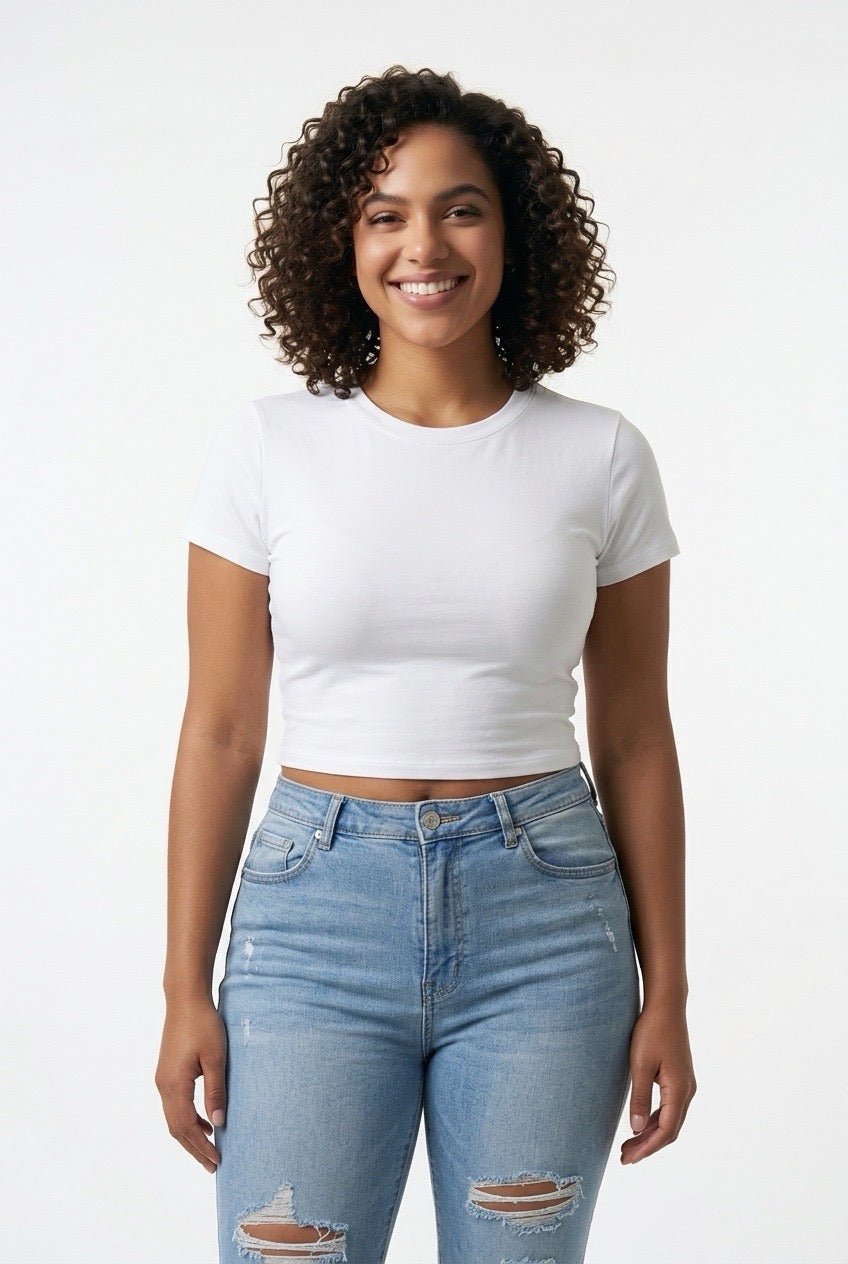 Stylish Sisters Classic Crewneck Short Sleeve Crop Top - White