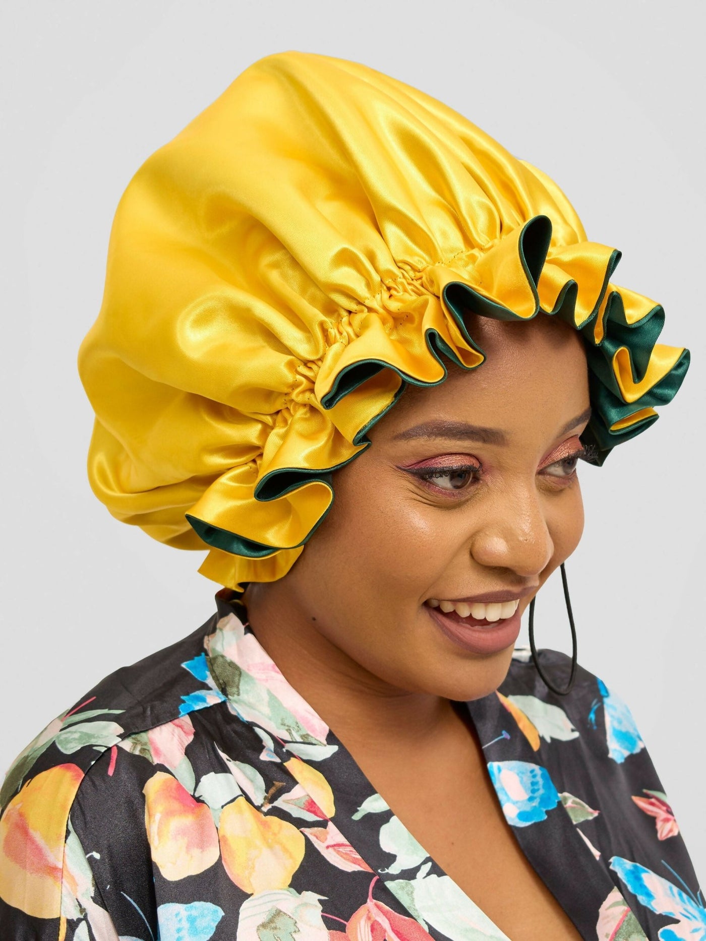 Satin Luxe Ruffle Bonnet - Green / Mustard - Shopzetu