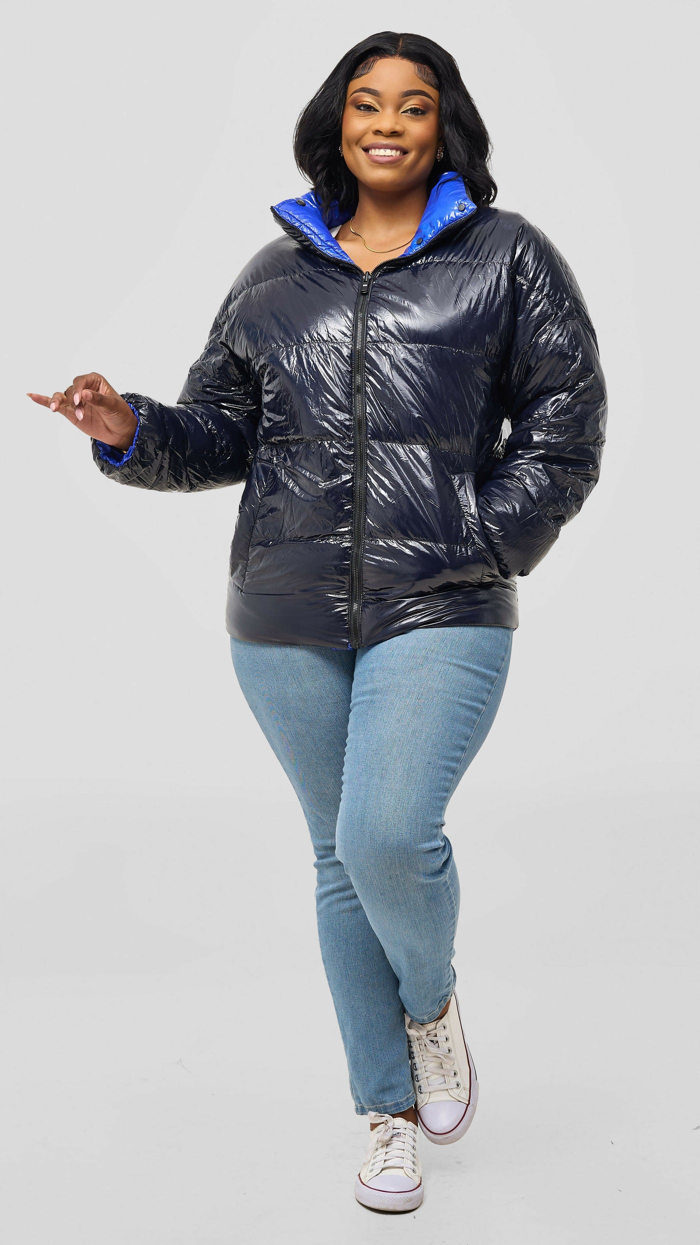 Tophad Closet Unisex Wetlook Reversible Jacket - Royal Blue / Navy Blue