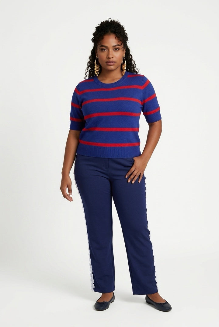 Stylish Sisters Striped Short-Sleeve Knit Sweater Tee - Blue /  Red