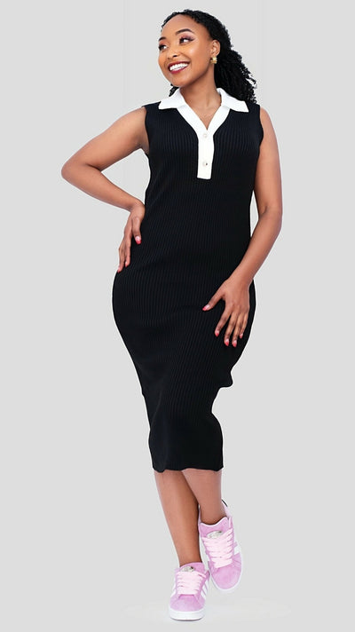 The Fashion Frenzy Polo Collared Bodycon - Black - Shopzetu
