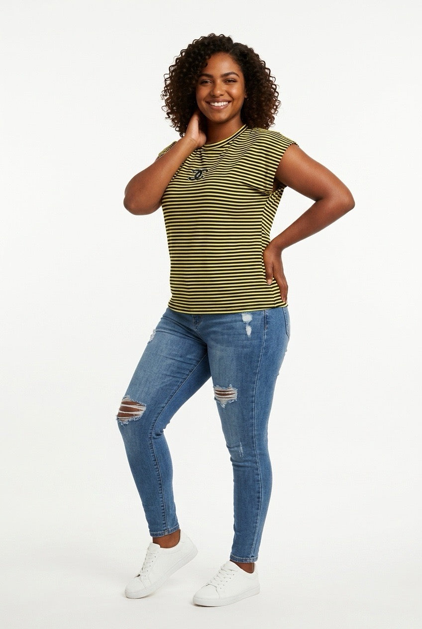 Stylish Sisters Striped Cap Sleeve Regular Fit Top - Yellow / Black