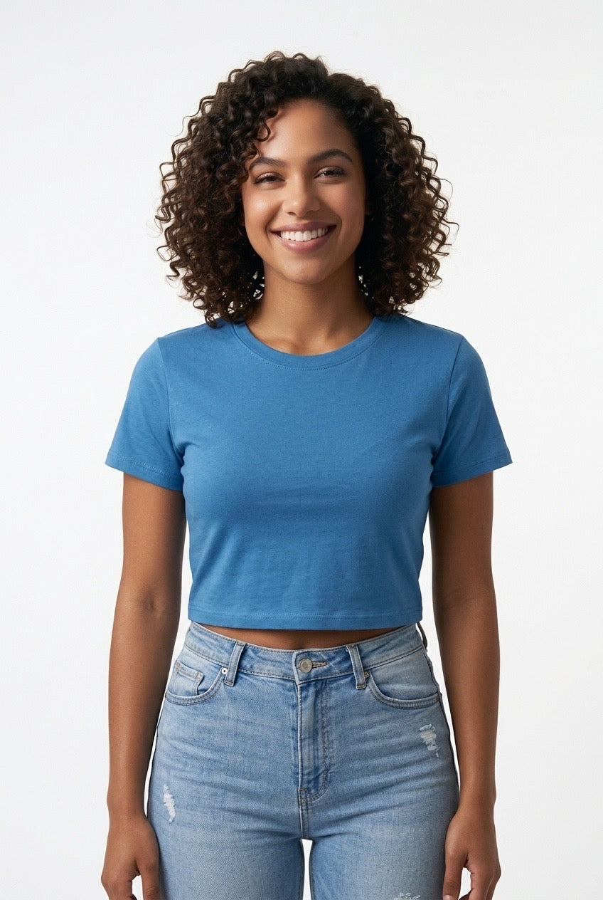 Stylish Sisters Classic Crewneck Short Sleeve Crop Top - Teal Blue