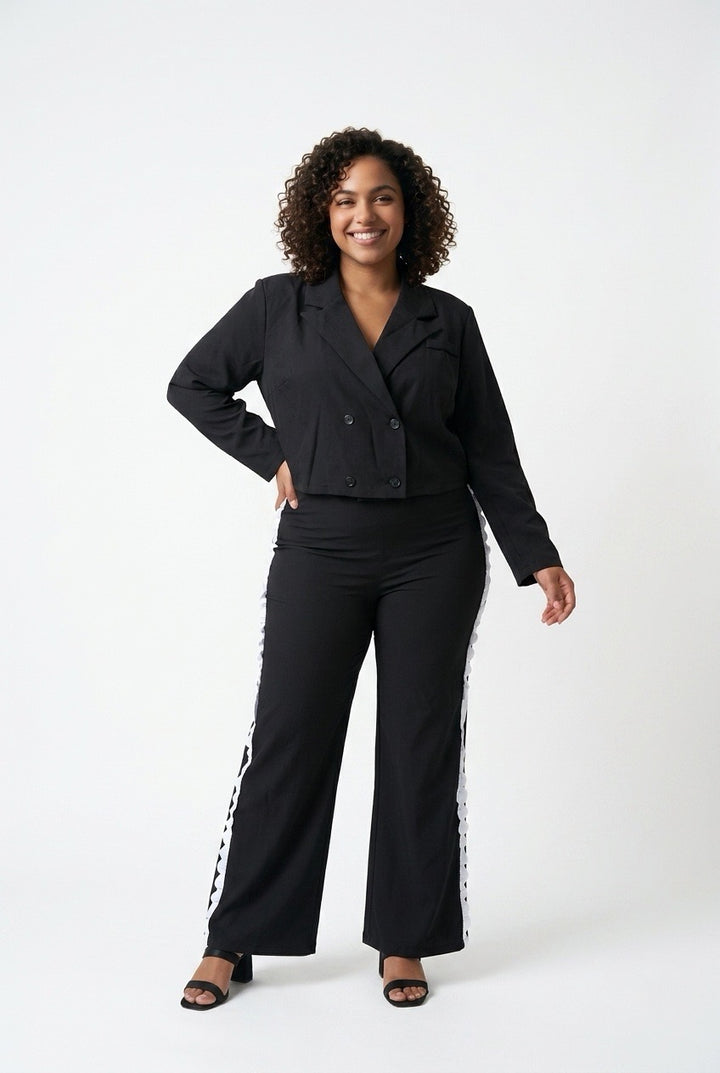 Stylish Sisters Double-Breasted Cropped Blazer and Trouser Set - Black
