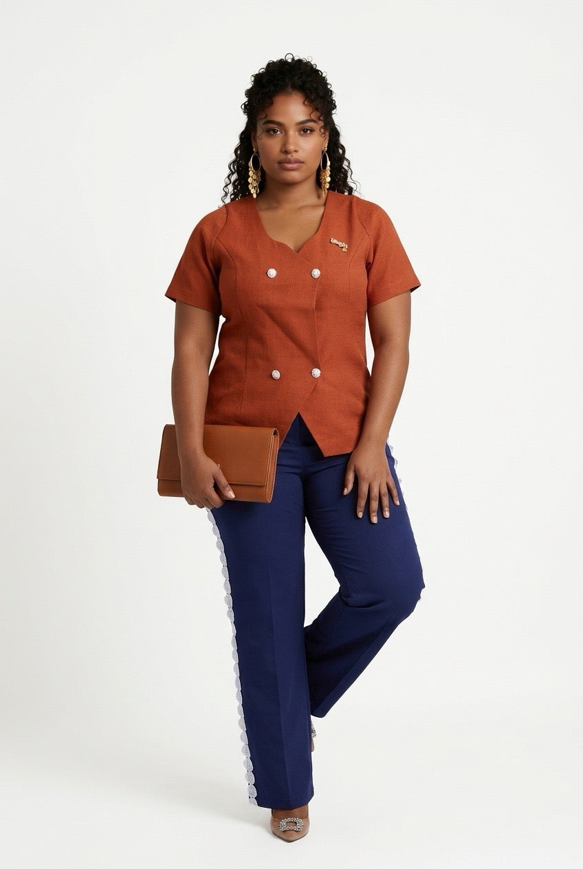 Stylish Sisters Scalloped Hem Double-Breasted Short Sleeve Blazer Top - Brown