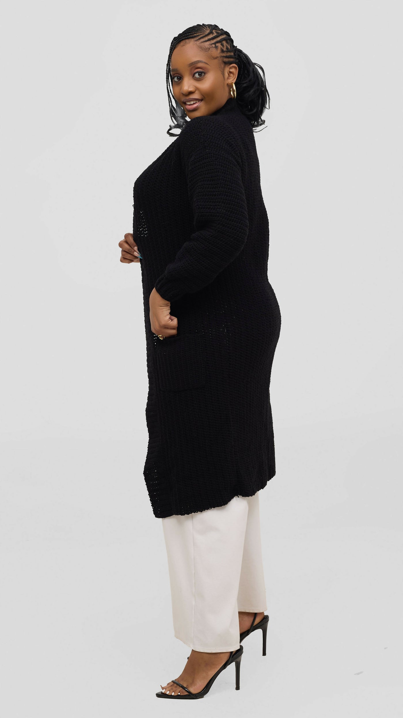 Timyt Urban Wear Curvy Plus Size Drape Crochet Sweater - Black