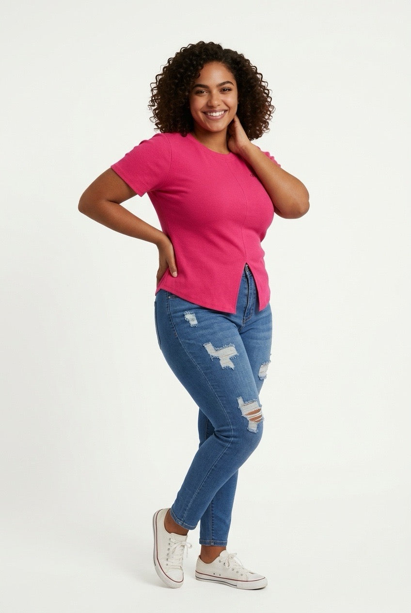 Stylish Sisters Ribbed Sweater Top - Hot Pink