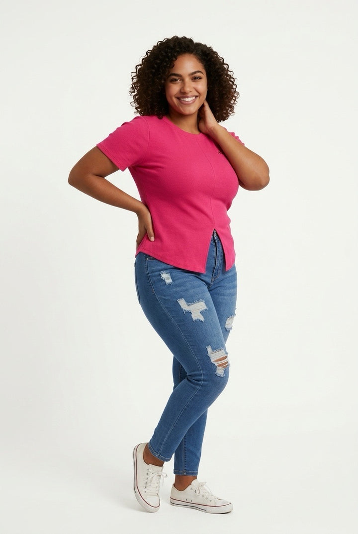 Stylish Sisters Ribbed Sweater Top - Hot Pink