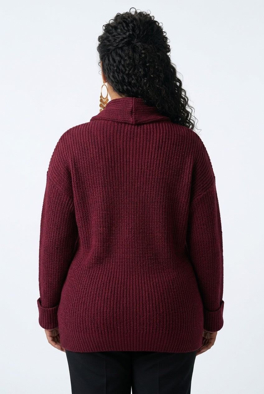 Stylish Sisters Women’s Ribbed Open-Front Shawl Collar Cardigan - Maroon