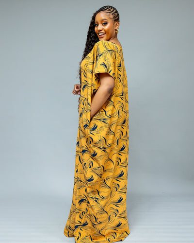 African Yuva Serenity Kaftan Dress - Mustard