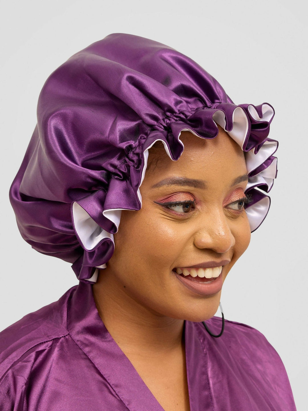 Satin Luxe Ruffle Bonnet - Black Currant / White - Shopzetu