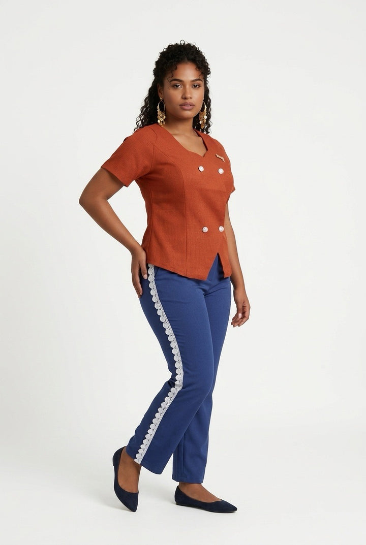 Stylish Sisters Scalloped Hem Double-Breasted Short Sleeve Blazer Top - Brown