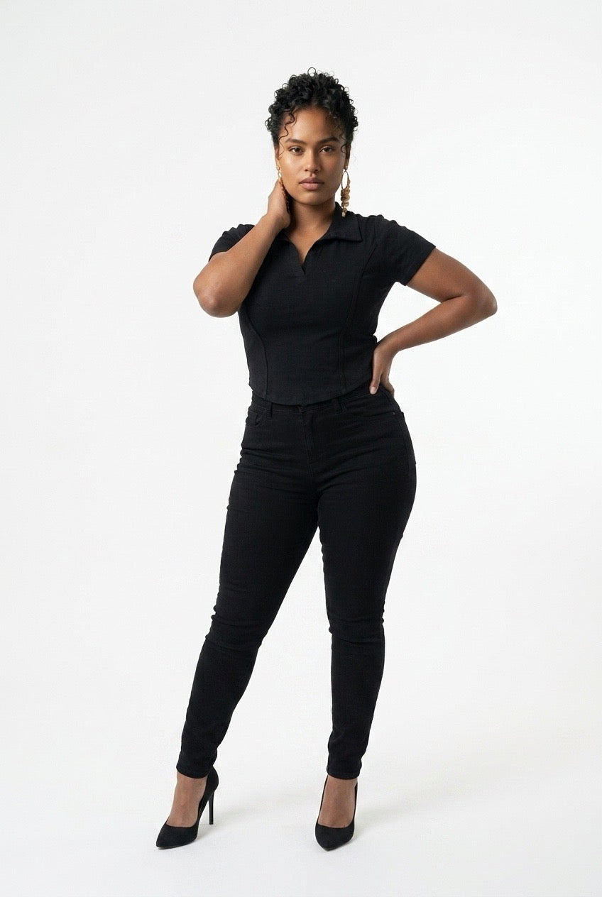 Stylish Sisters Corset-Style Curved Hem Polo Top - Black