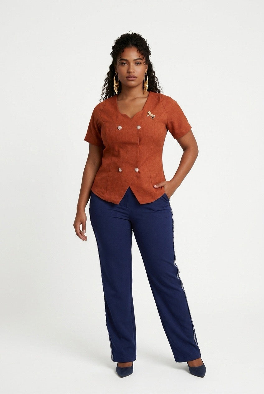 Stylish Sisters Scalloped Hem Double-Breasted Short Sleeve Blazer Top - Brown