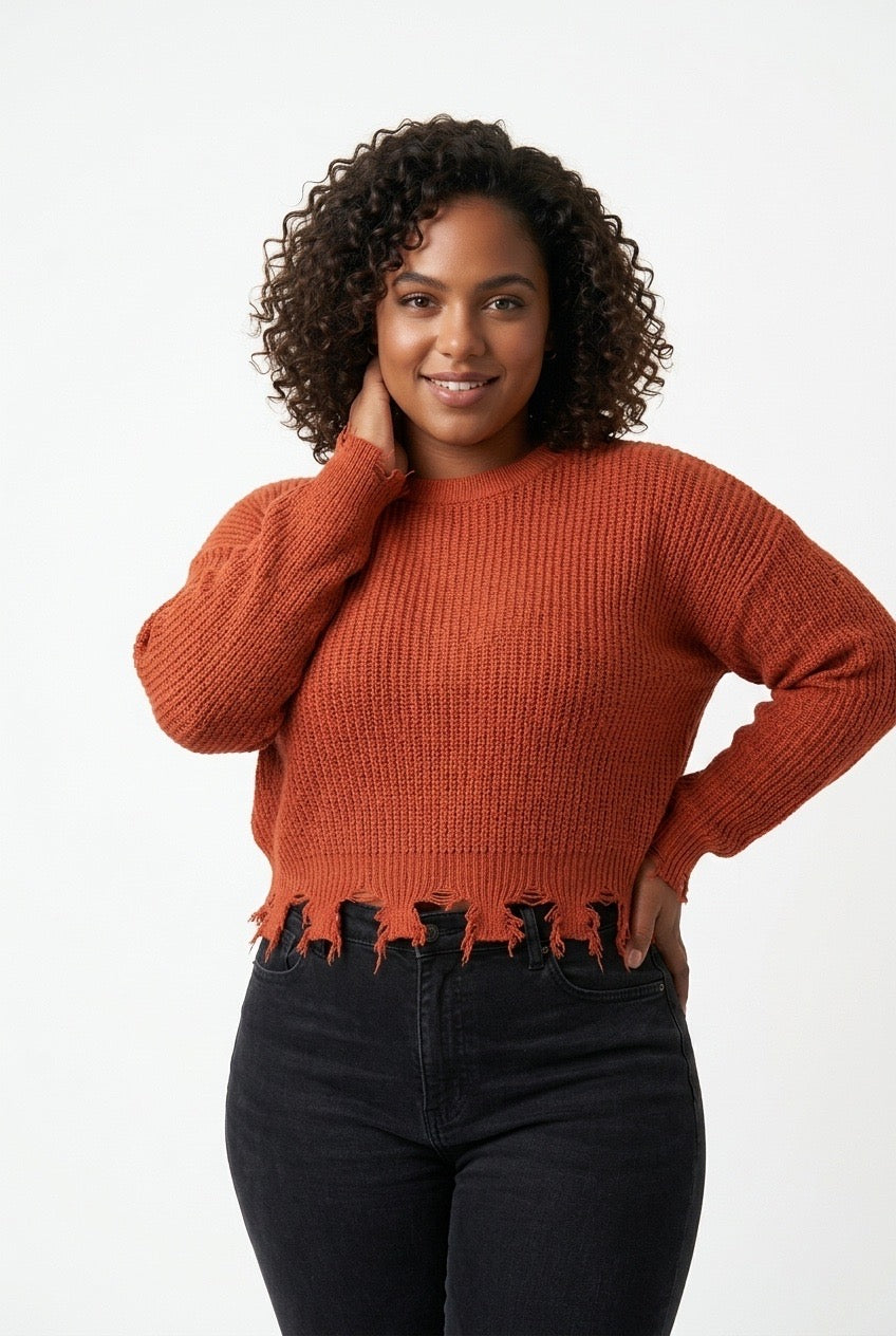 Stylish Sisters Distressed Frayed Hem Pullover Knit Sweater Top - Burnt Orange