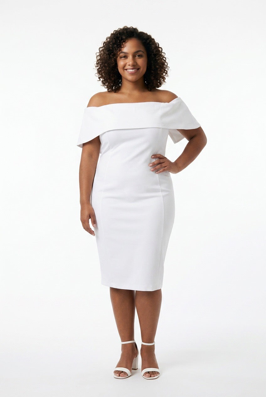 Stylish Sisters Off-The-Shoulder Bardot Bodycon Midi Dress - White