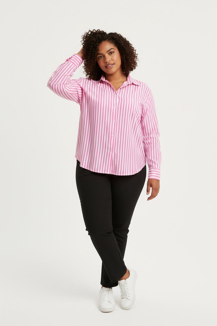 Stylish Sisters Striped Relaxed Fit Button-Up Shirt - Pink & White