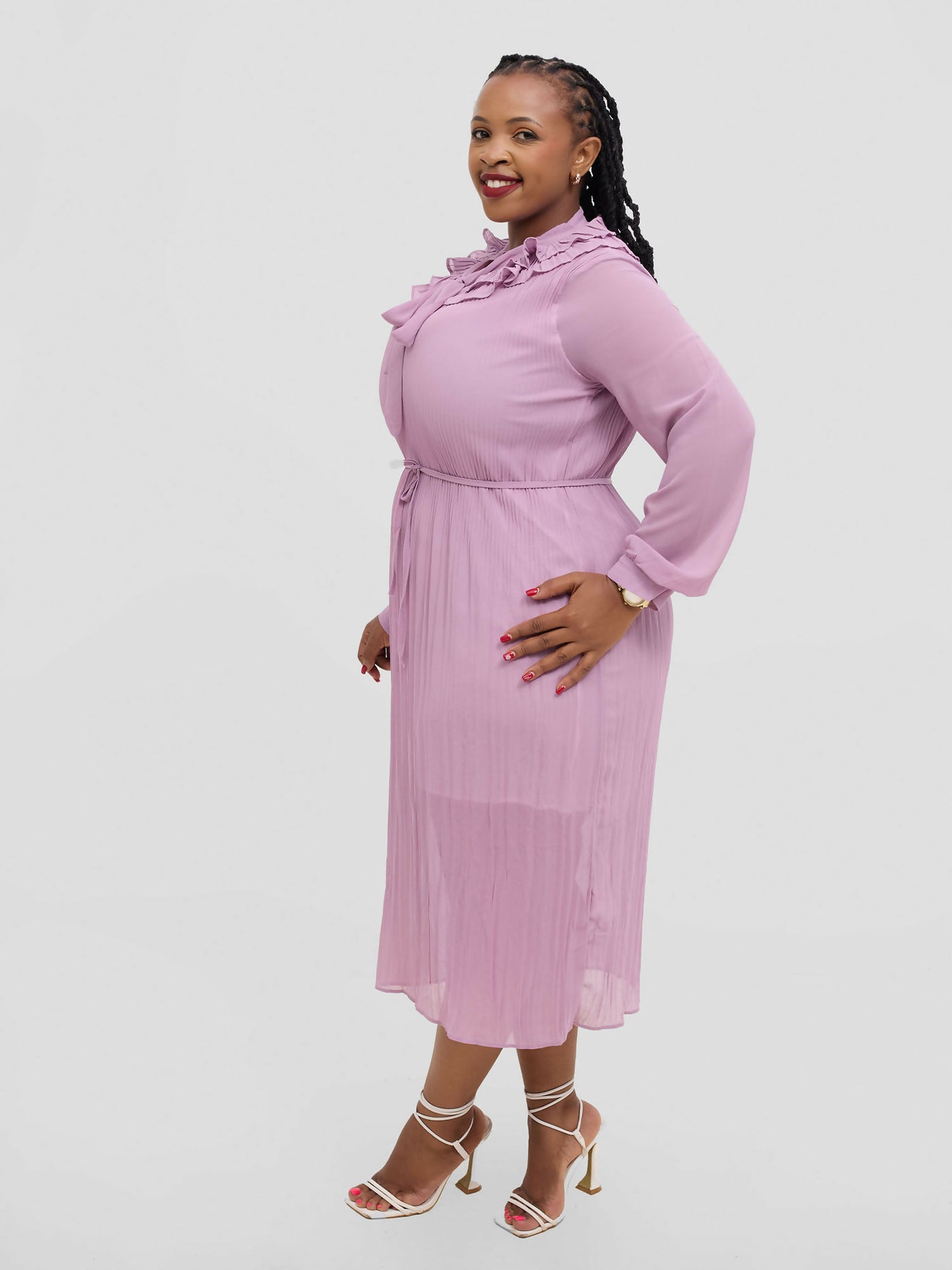Hessed Long Sleeved Ruffless Pleated Round Collar Dress - Pink