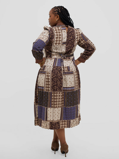 Hessed Floral Long Sleeve Pleated Dress - Brown - Shopzetu