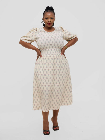 Hessed Floral Puff Short Sleeve A Line Round Neck Dress - Cream - Shopzetu