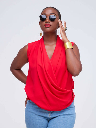 The Fashion Frenzy V - Neck Blouse Top - Red - Shopzetu