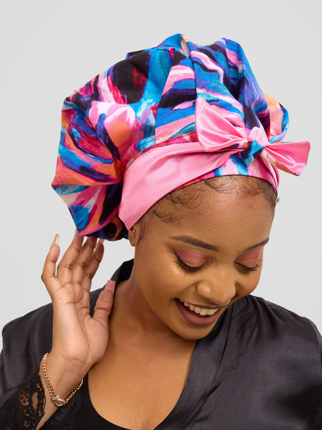 Satin Revolution Satin-Lined Ankara Tie Bonnet – Pink Print