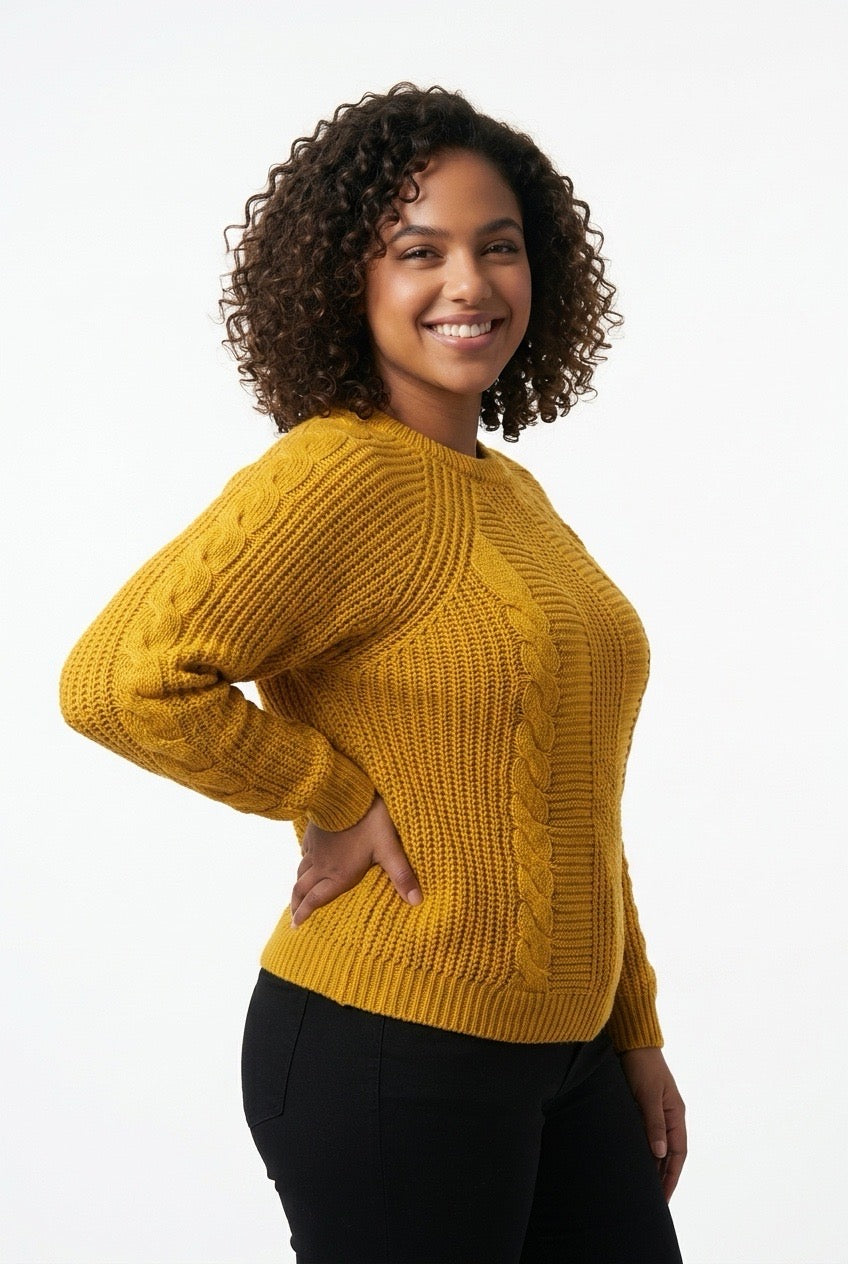 Stylish Sisters Cable Knit Crewneck Sweater - Mustard Yellow