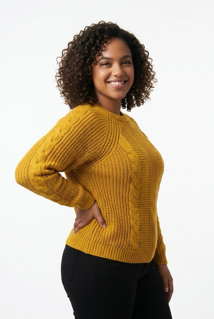 Stylish Sisters Cable Knit Crewneck Sweater - Mustard Yellow