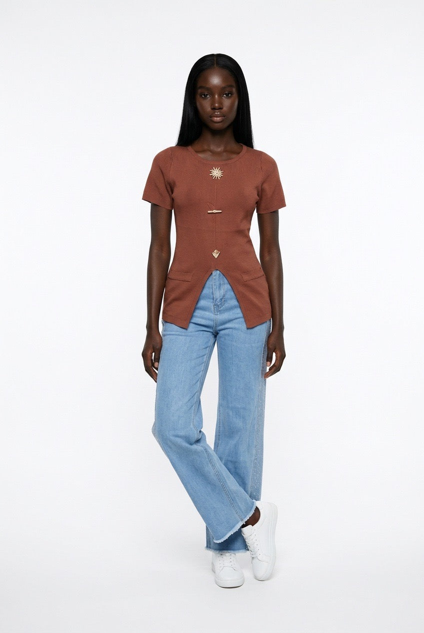 Stylish Sisters Crew Neck Gold Button Detailed Slit Top - Brown