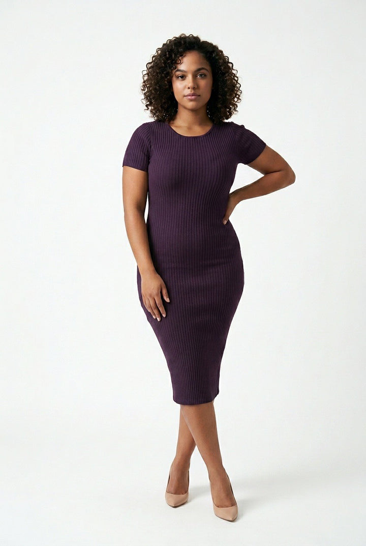Stylish Sisters Short Sleeve Ribbed Knit Bodycon Midi Dress - Maroon