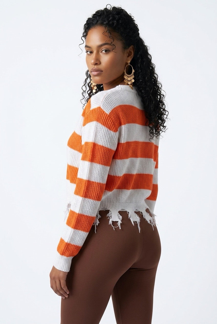 Stylish Sisters Distressed Frayed Hem Pullover Knit Sweater Top - White / Orange