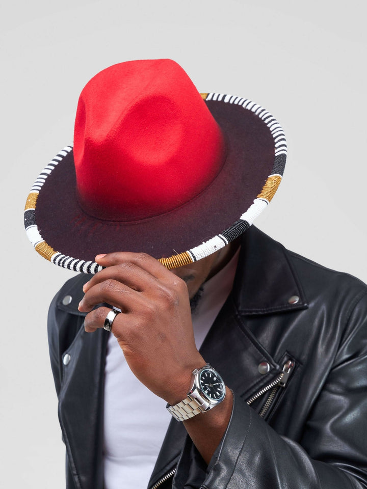 Umbo Collections Two Tone Beaded Fedora Hat - Red - Shopzetu