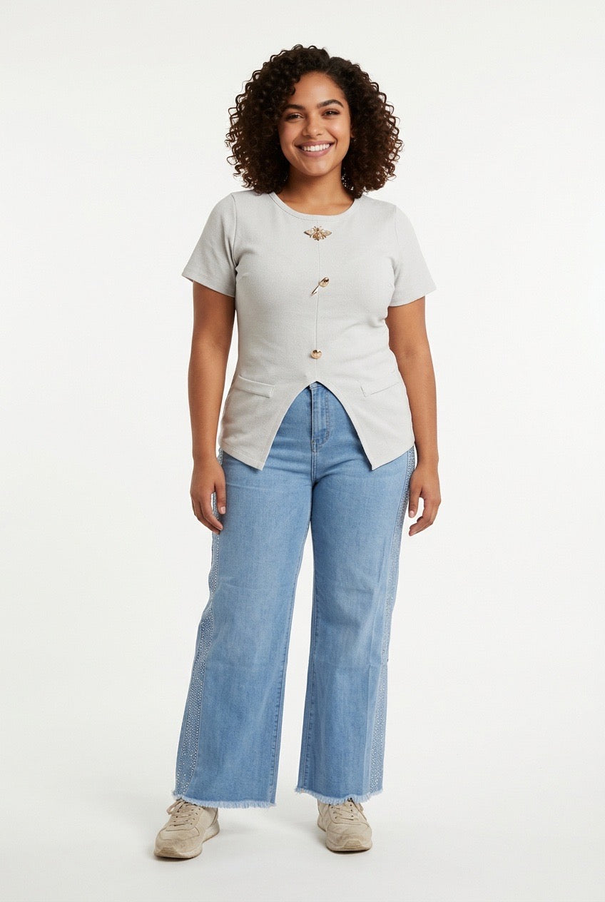 Stylish Sisters Crew Neck Gold Button Detailed Slit Top - White