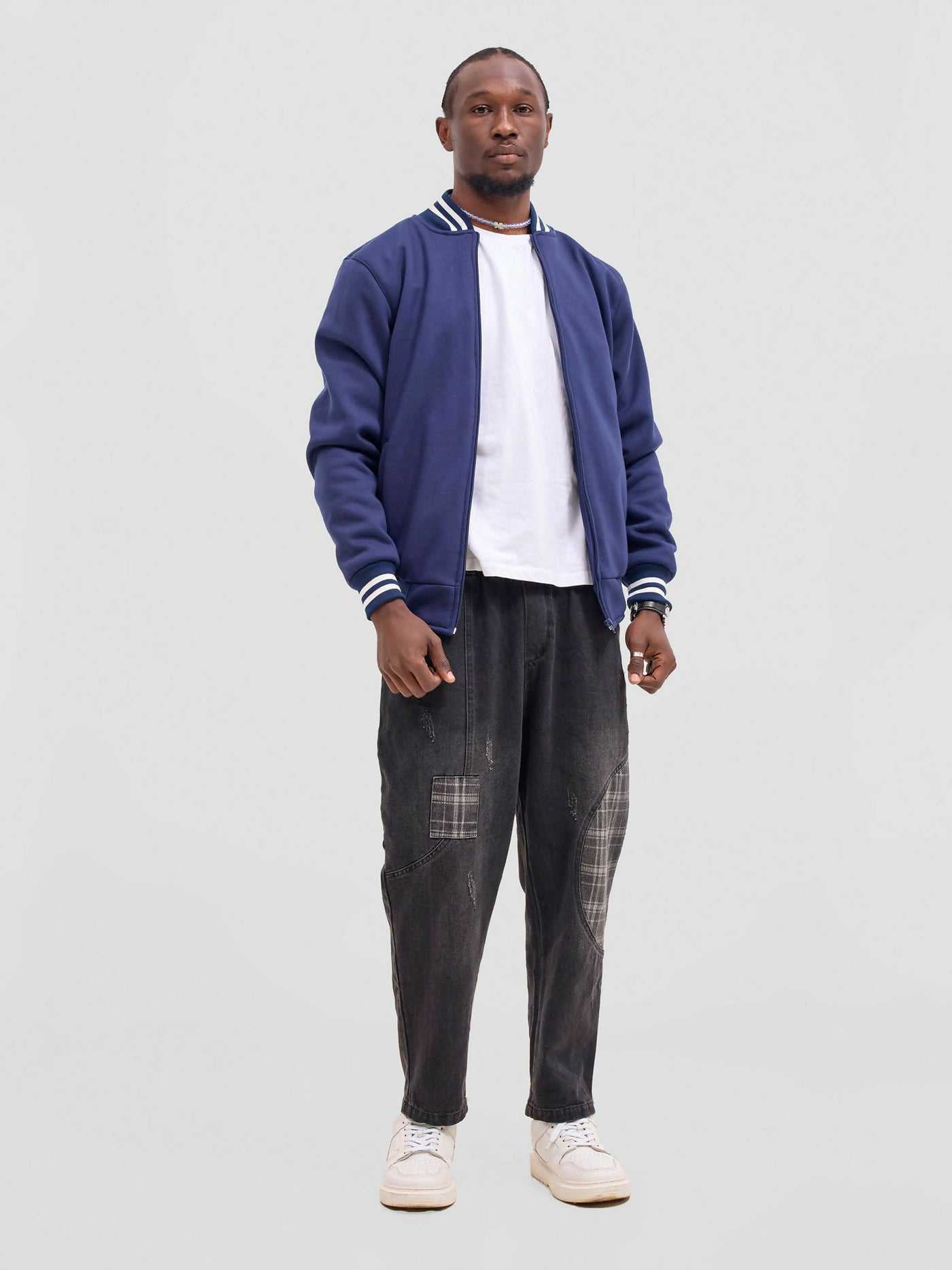 TimyT Urban Wear Unisex Striped Varsity Jacket - Navy Blue - Shopzetu