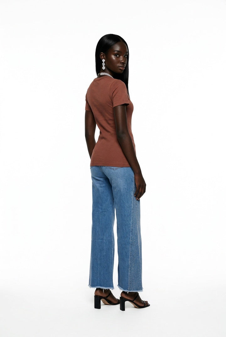 Stylish Sisters Crew Neck Gold Button Detailed Slit Top - Brown
